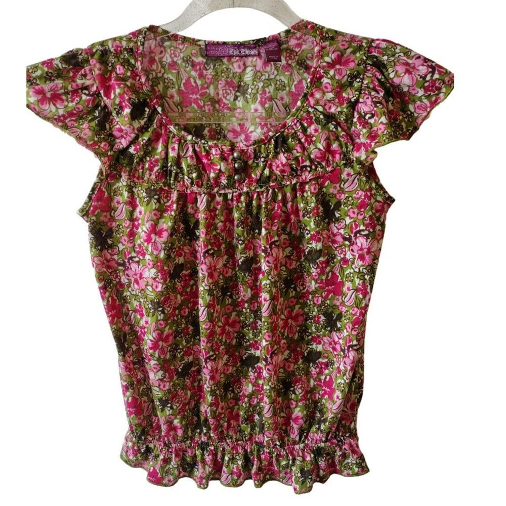 Epic‎ Threads Blouse Top Juniors L Green And Pink Floral Sleeveless Round Neck